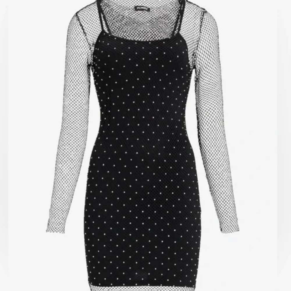 Express Mesh Rhinestone Long Sleeve Mini Dress - Picture 6 of 6